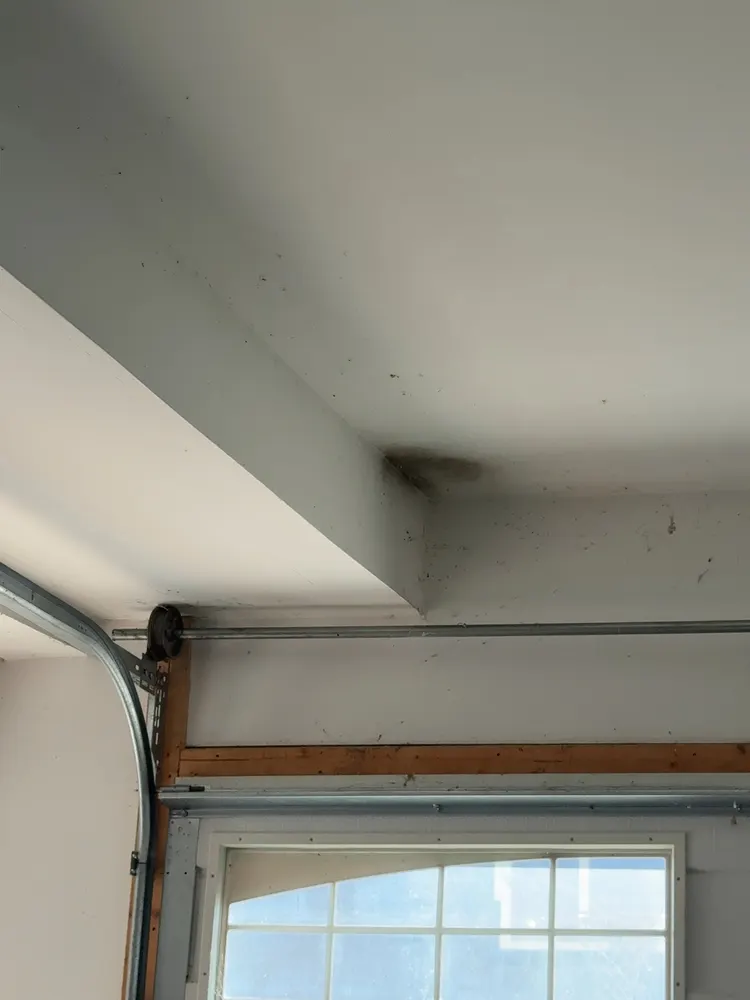 Wide view of the garage showing the affected ceiling bay and dropped beam