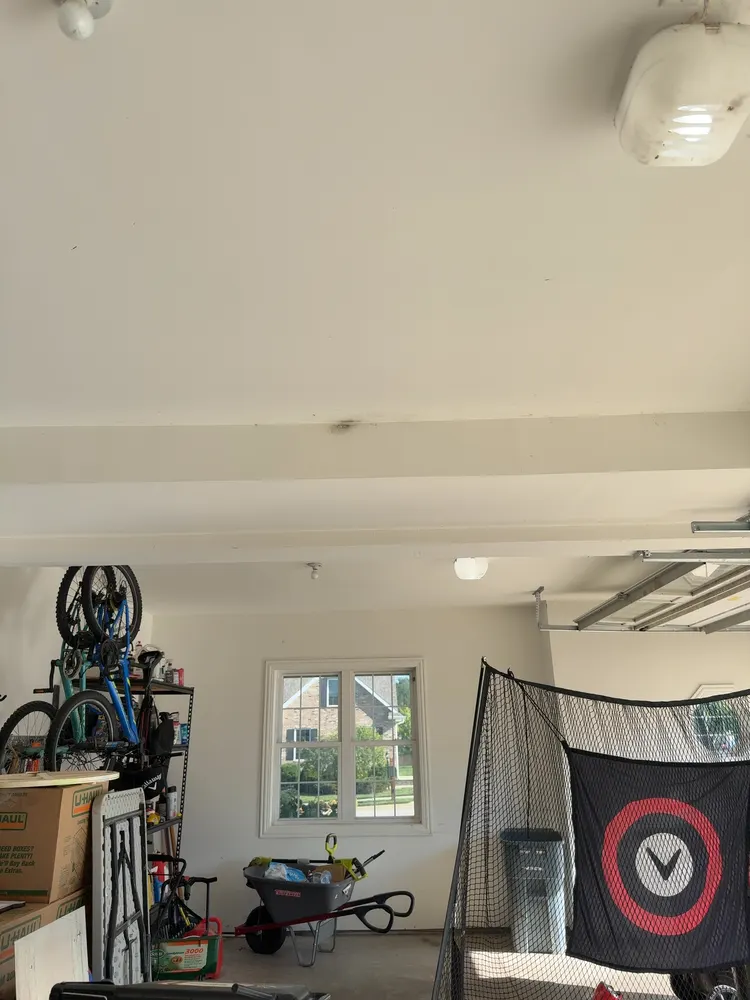 Mold growth on a garage ceiling where the drywall meets a dropped beam, near the overhead garage door