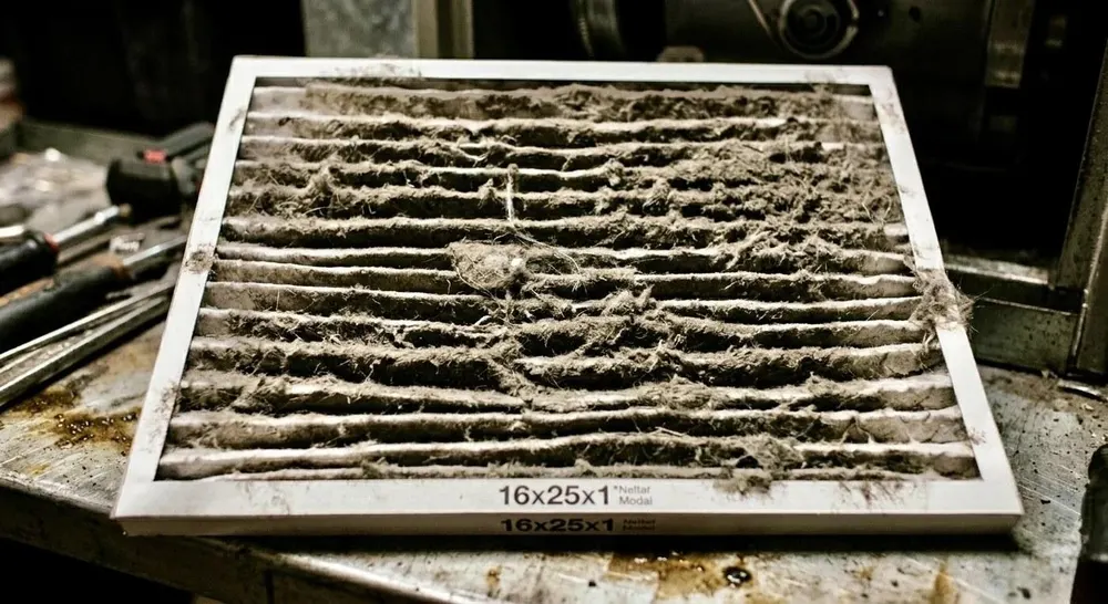 A dirty HVAC filter — example of the kind of particulate accumulation a Particle ID test identifies in air